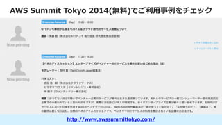 AWS  Summit  Tokyo  2014(無料料)でご利利⽤用事例例をチェック
http://www.awssummittokyo.com/
 