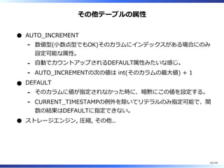 その他テーブルの属性
AUTO̲INCREMENT
数値型(⼩数点型でもOK)そのカラムにインデックスがある場合にのみ
設定可能な属性。
-
⾃動でカウントアップされるDEFAULT属性みたいな感じ。-
AUTO̲INCREMENTの次の値は int(そのカラムの最⼤値) + 1-
DEFAULT
そのカラムに値が指定されなかった時に、暗黙にこの値を設定する。-
CURRENT̲TIMESTAMPの例外を除いてリテラルのみ指定可能で、関
数の結果はDEFAULTに指定できない。
-
ストレージエンジン, 圧縮, その他..
16/144
 