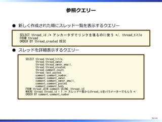 参照クエリー
新しく作成された順にスレッド⼀覧を表⽰するクエリー
SELECT thread_id /* アンカータグでリンクを張るのに使う */, thread_title
FROM thread
ORDER BY thread_created DESC
スレッドを詳細表⽰するクエリー
SELECT thread.thread_title,
thread.thread_owner,
thread.thread_owner_email,
thread.thread_created,
thread.comment_count,
thread.last_posted,
comment.comment_number,
comment.comment_owner,
comment.comment_owner_email,
comment.comment_posted,
comment.comment_body
FROM thread JOIN comment USING (thread_id)
WHERE thread.thread_id = 1 /* スレッド一覧からthread_idをパラメーターでもらう */
ORDER BY comment.comment_number
70/144
 