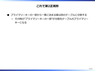 これで第2正規形
プライマリーキーの⼀部から⼀意に決まる値は別のテーブルに分割する
その時の”プライマリーキーの⼀部”が分割先テーブルのプライマリー
キーになる
-
73/144
 