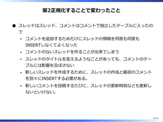 第2正規化することで変わったこと
スレッドはスレッド、コメントはコメントで独⽴したテーブルに⼊ったの
で
コメントを追加するためだけにスレッドの情報を何度も何度も
INSERTしなくてよくなった
-
コメントのないスレッドを作ることが出来てしまう-
スレッドのタイトルを変えるようなことがあっても、コメントのテー
ブルには影響を及ぼさない
-
新しいスレッドを作成するために、スレッドの作成と最初のコメント
を別々にINSERTする必要がある。
-
新しいコメントを投稿するたびに、スレッドの更新時刻なども更新し
ないといけない。
-
74/144
 