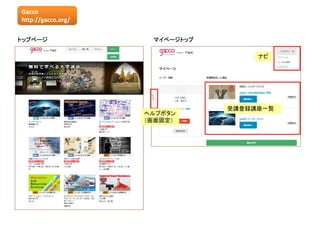 Gacco
http://gacco.org/
トップページ マイページトップ
ナビ
ヘルプボタン
（画面固定）
受講登録講座一覧
 