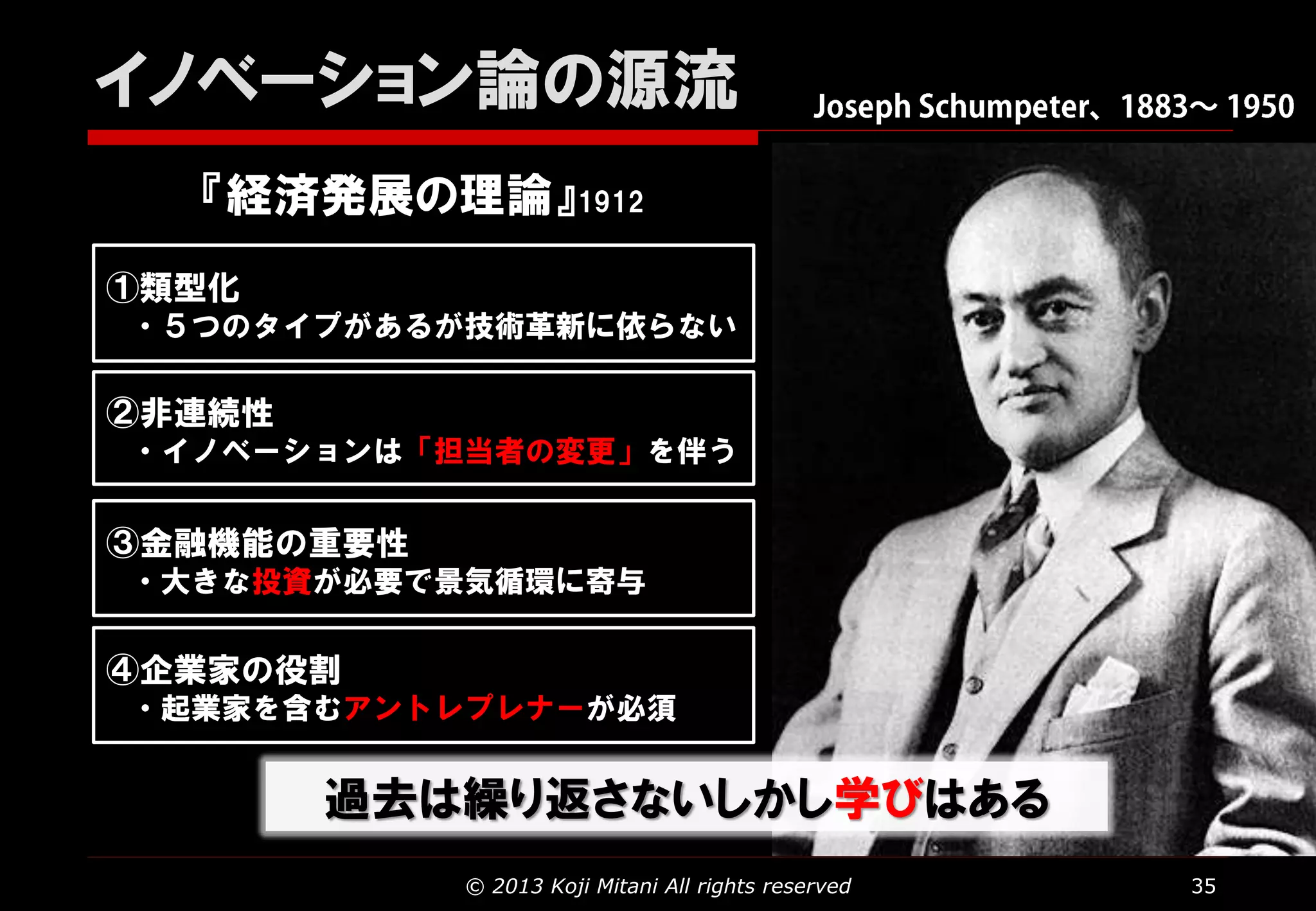 イノベーション論の源流
『経済発展の理論』1912
①類型化
・５つのタイプがあるが技術革新に依らない

②非連続性
・イノベーションは「担当者の変更」を伴う

③金融機能の重要性
・大きな投資が必要で景気循環に寄与

④企業家の役割
・起業家を含むアントレプレナーが必須

過去は繰り返さないしかし学びはある
© 2013 Koji Mitani All rights reserved

35

 