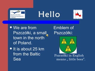 Hello
 We    are from       Emblem of
  Pszczółki, a small   Pszczółki:
  town in the north
  of Poland.
 It is about 25 km
  from the Baltic      Pszczółki in English
  Sea                   means „ little bees”.
 