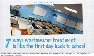 ways wastewater treatment
is like the first day back to school
Northeast Ohio Regional Sewer District presents
7
Parents, it’s that time of year again. And we can make a few connections between our work and your kids’ ﬁrst-day jitters that
you might not have expected.
 