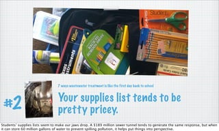 Your supplies list tends to be
pretty pricey.#2
7 ways wastewater treatment is like the first day back to school
Students’ supplies lists seem to make our jaws drop. A $189 million sewer tunnel tends to generate the same response, but when
it can store 60 million gallons of water to prevent spilling pollution, it helps put things into perspective.
 