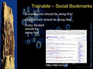 Trainable – Social Bookmarks Every teacher should be doing this! Every school should be doing this! Every Student should be  doing this! http://del.icio.us/ 