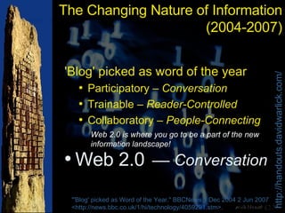 The Changing Nature of Information (2004-2007) 'Blog' picked as word of the year Participatory –  Conversation Trainable –  Reader-Controlled Collaboratory –  People-Connecting Web 2.0 "'Blog' picked as Word of the Year." BBCNews 1 Dec 2004 2 Jun 2007 <http://news.bbc.co.uk/1/hi/technology/4059291.stm>. ––  Conversation Web 2.0 is where you go to be a part of the new information landscape! 