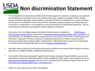 Non discrimination Statement
• The U.S Department of Agriculture prohibits discrimination against its customers, employees, and applicants
for employment on the bases of race, color, national origin, age, disability, sex, gender identity, religion,
reprisal, and where applicable, political beliefs, marital status, familial or parental status, sexual orientation,
or all or part of an individual’s income is derived from any public assistance program, or protected genetic
information in employment or in any program or activity conducted or funded by the Department. (Not all
prohibited bases will apply to all programs and/or employment activities.)
• If you wish to file a Civil Rights program complaint of discrimination, complete the USDA Program
Discrimination Complaint Form, found online at http://www.ascr.usda.gov/complaint_filing_cust.html, or at
any USDA office, or call (866) 632-9992 to request the form. You may also write a letter containing all of the
information requested in the form. Send your completed complaint form or letter to us by mail at U.S.
Department of Agriculture, Director, Office of Adjudication, 1400 Independence Avenue, S.W., Washington,
D.C. 20250-9410, by fax (202) 690-7442 or email at program.intake@usda.gov.
• Individuals who are deaf, hard of hearing or have speech disabilities may contact USDA through the Federal
Relay Service at (800) 877-8339; or (800) 845-6136 (Spanish).
• For any other information dealing with Supplemental Nutrition Assistance Program (SNAP) issues, persons
should either contact the USDA SNAP Hotline Number at (800) 221-5689, which is also in Spanish or call the
State Information/Hotline Numbers (click the link for a listing of hotline numbers by State); found online at
http://www.fns.usda.gov/snap/contact_info/hotlines.htm.
• USDA is an equal opportunity provider and employer.
 
