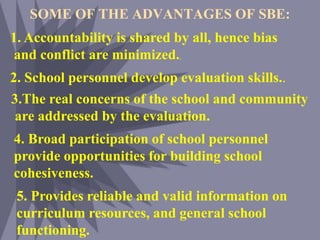 SOME OF THE ADVANTAGES OF SBE:
1. Accountability is shared by all, hence bias
and conflict are minimized..

2. School personnel develop evaluation skills..
3.The real concerns of the school and community
are addressed by the evaluation.
4. Broad participation of school personnel
provide opportunities for building school
cohesiveness.
5. Provides reliable and valid information on
curriculum resources, and general school
functioning.

 
