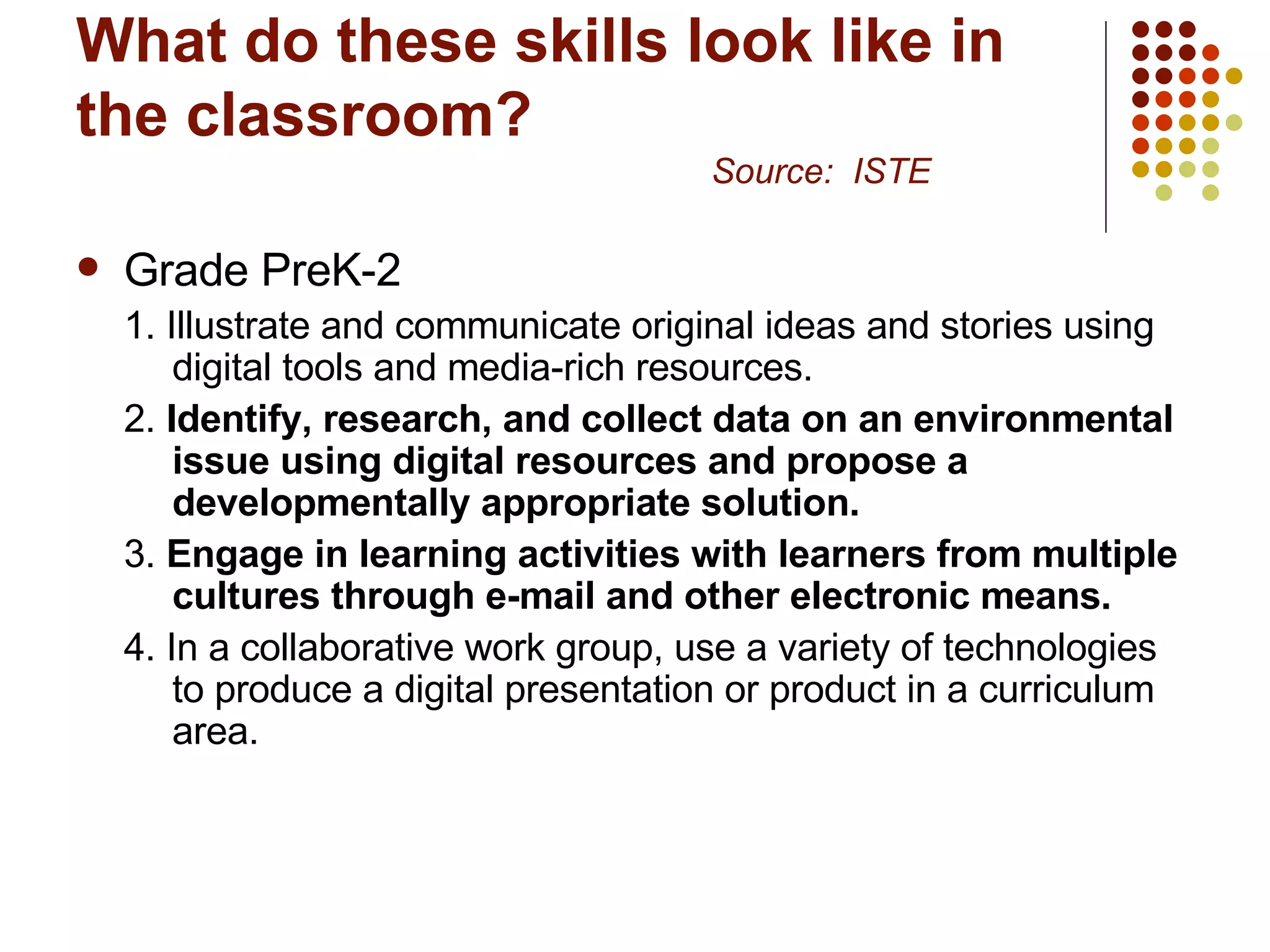 What do these skills look like in the classroom? Source:  ISTE Grade PreK-2 1. Illustrate and communicate original ideas and stories using digital tools and media-rich resources.  2.  Identify, research, and collect data on an environmental issue using digital resources and propose a developmentally appropriate solution.   3.  Engage in learning activities with learners from multiple cultures through e-mail and other electronic means.   4. In a collaborative work group, use a variety of technologies to produce a digital presentation or product in a curriculum area.  