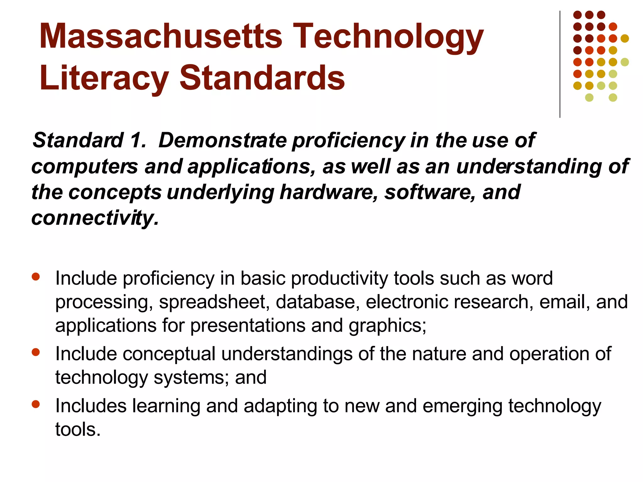 Massachusetts Technology Literacy Standards Standard 1.  Demonstrate proficiency in the use of computers and applications, as well as an understanding of the concepts underlying hardware, software, and connectivity. Include proficiency in basic productivity tools such as word processing, spreadsheet, database, electronic research, email, and applications for presentations and graphics;  Include conceptual understandings of the nature and operation of technology systems; and  Includes learning and adapting to new and emerging technology tools. 
