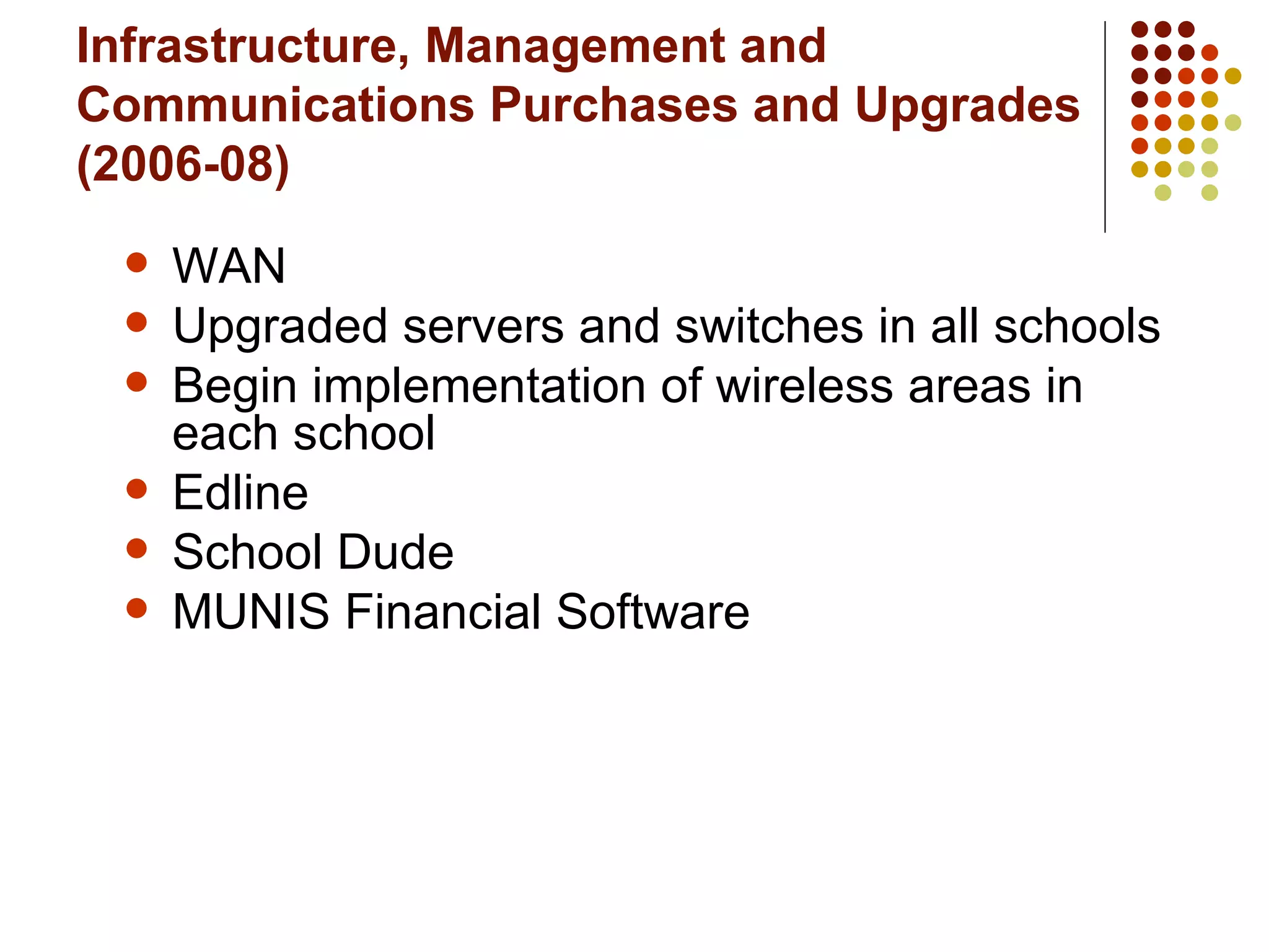 Infrastructure, Management and Communications Purchases and Upgrades (2006-08) WAN Upgraded servers and switches in all schools Begin implementation of wireless areas in each school Edline School Dude MUNIS Financial Software 