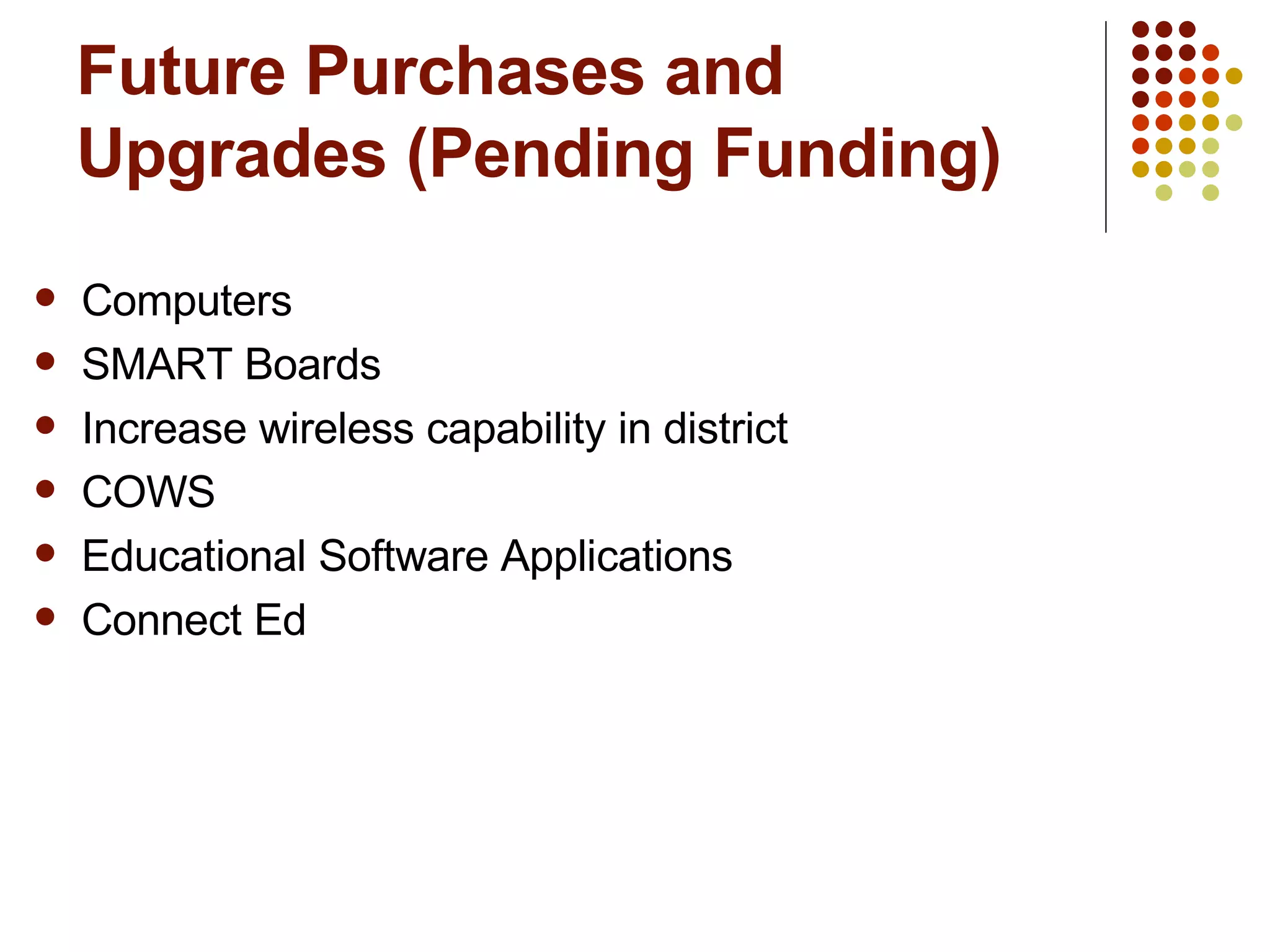 Future Purchases and Upgrades (Pending Funding) Computers  SMART Boards Increase wireless capability in district COWS Educational Software Applications Connect Ed 