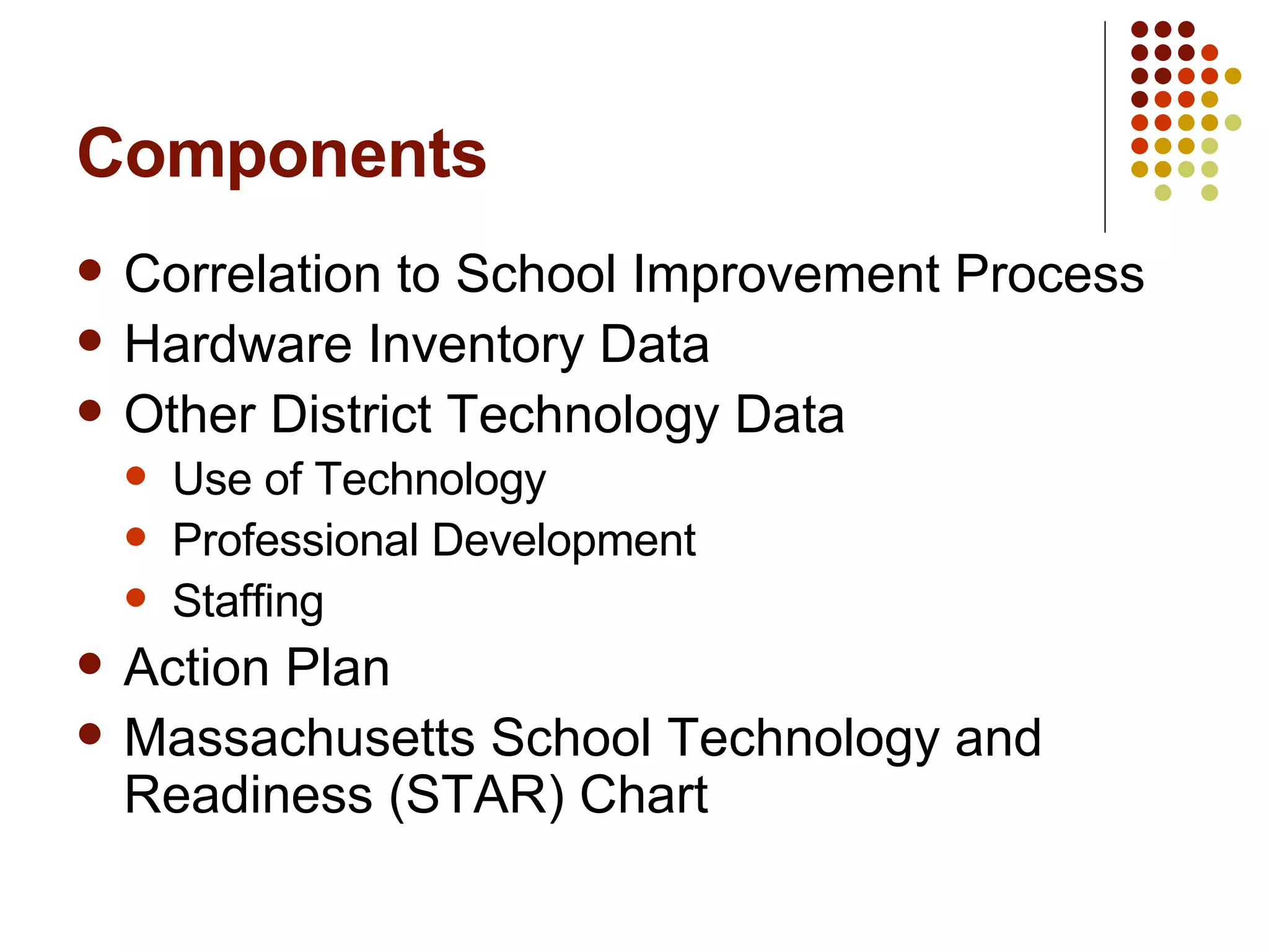 Components  Correlation to School Improvement Process Hardware Inventory Data Other District Technology Data Use of Technology Professional Development Staffing Action Plan Massachusetts School Technology and Readiness (STAR) Chart 