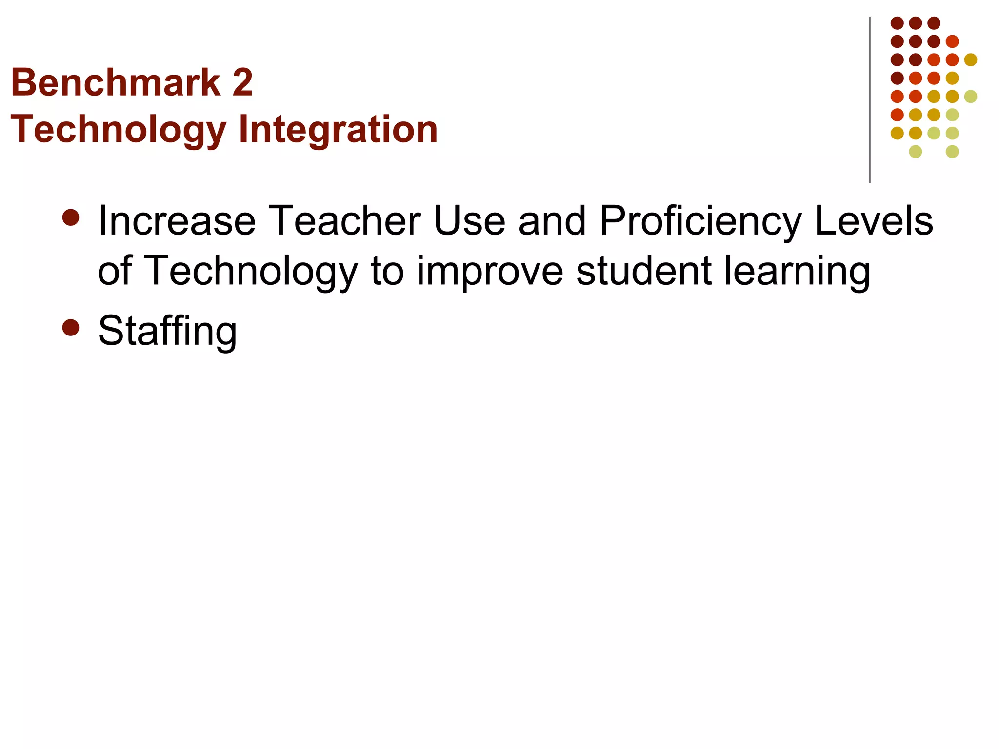 Benchmark 2 Technology Integration  Increase Teacher Use and Proficiency Levels of Technology to improve student learning Staffing 