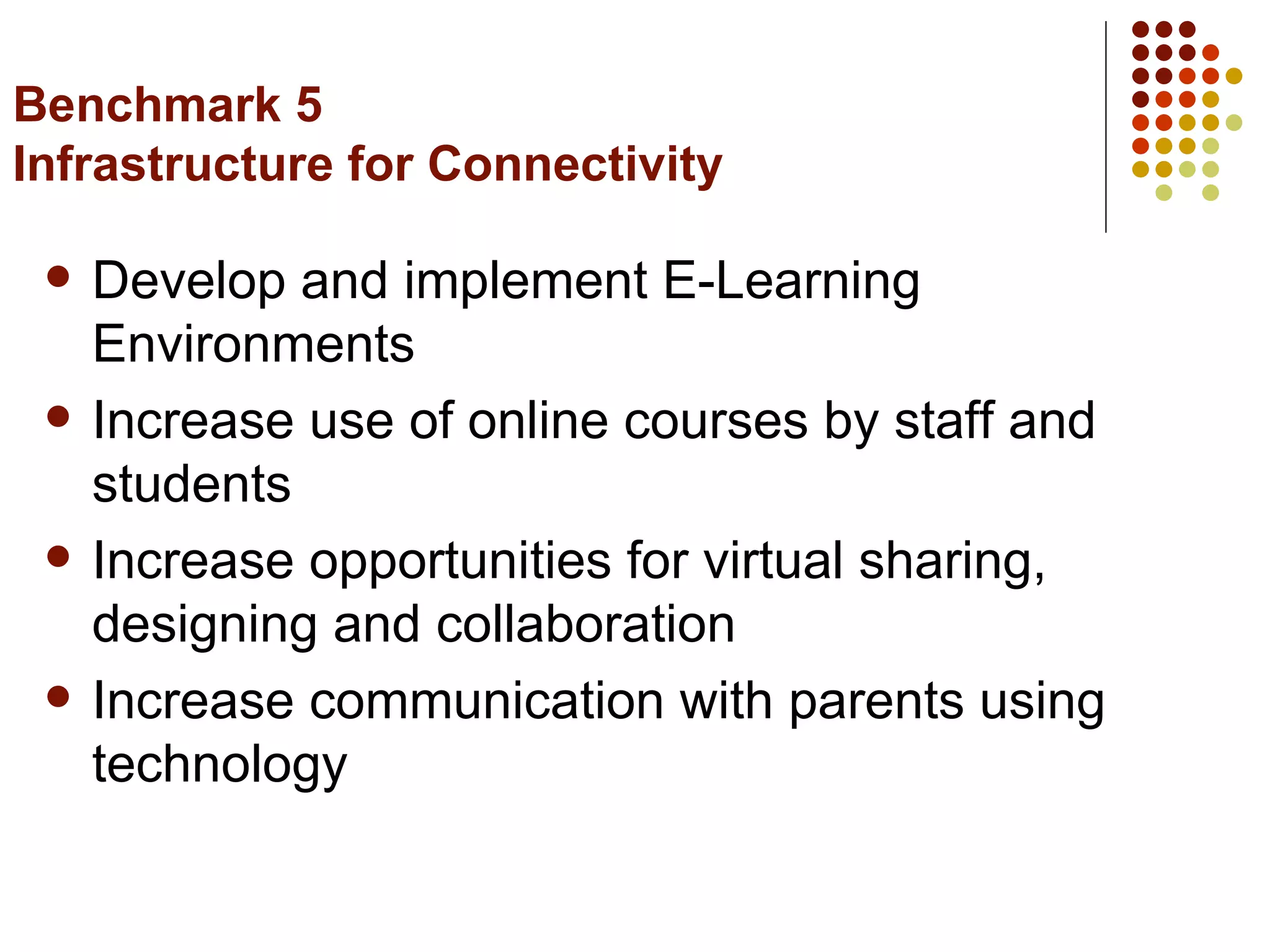 Benchmark 5 Infrastructure for Connectivity Develop and implement E-Learning Environments Increase use of online courses by staff and students Increase opportunities for virtual sharing, designing and collaboration Increase communication with parents using technology 