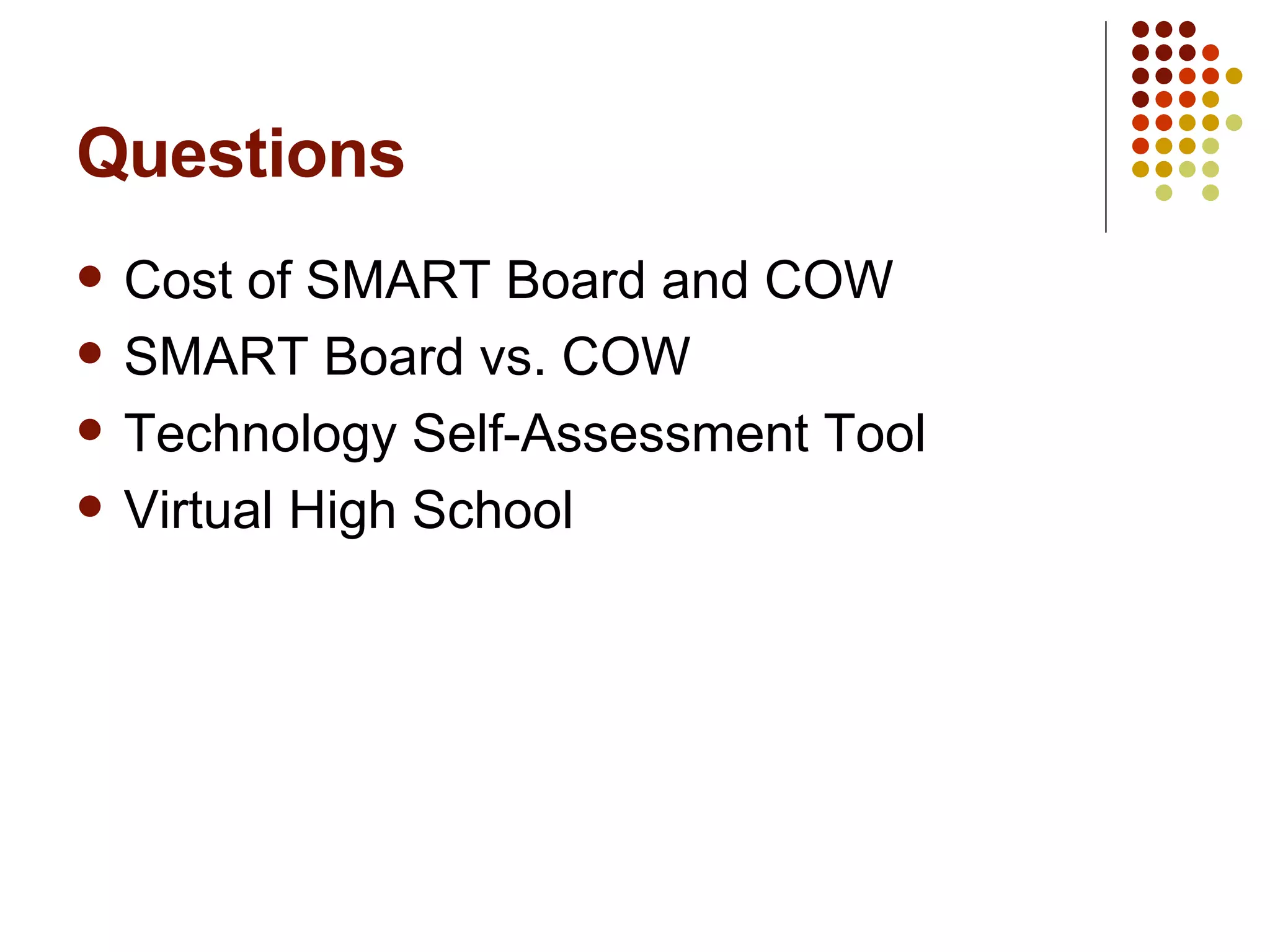 Questions Cost of SMART Board and COW SMART Board vs. COW Technology Self-Assessment Tool Virtual High School 