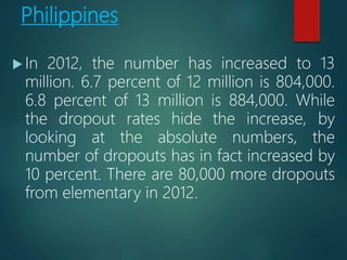 Philippines
 In 2012, the number has increased to 13
million. 6.7 percent of 12 million is 804,000.
6.8 percent of 13 million is 884,000. While
the dropout rates hide the increase, by
looking at the absolute numbers, the
number of dropouts has in fact increased by
10 percent. There are 80,000 more dropouts
from elementary in 2012.
 