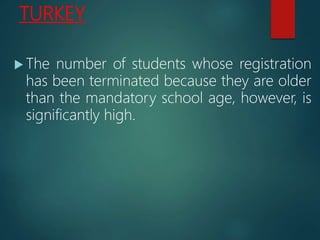 TURKEY
 The number of students whose registration
has been terminated because they are older
than the mandatory school age, however, is
significantly high.
 