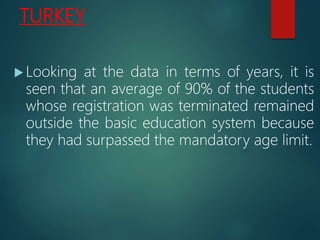 TURKEY
 Looking at the data in terms of years, it is
seen that an average of 90% of the students
whose registration was terminated remained
outside the basic education system because
they had surpassed the mandatory age limit.
 