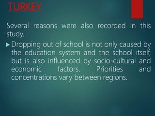 TURKEY
Several reasons were also recorded in this
study.
 Dropping out of school is not only caused by
the education system and the school itself,
but is also influenced by socio-cultural and
economic factors. Priorities and
concentrations vary between regions.
 