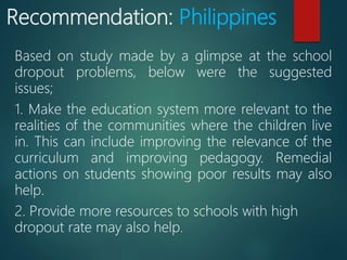 Recommendation: Philippines
Based on study made by a glimpse at the school
dropout problems, below were the suggested
issues;
1. Make the education system more relevant to the
realities of the communities where the children live
in. This can include improving the relevance of the
curriculum and improving pedagogy. Remedial
actions on students showing poor results may also
help.
2. Provide more resources to schools with high
dropout rate may also help.
 