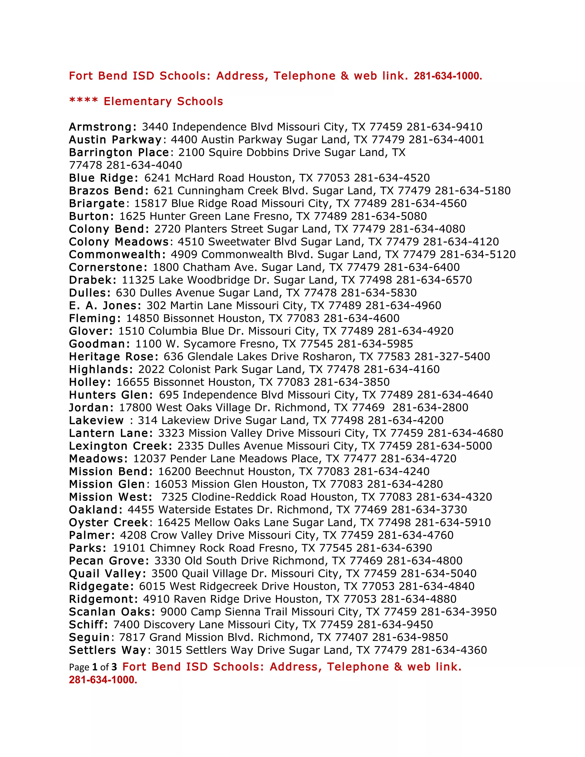 SchoolFort Bend ISD Sugar Land, Richmond & surrounding cities, TX. PDF