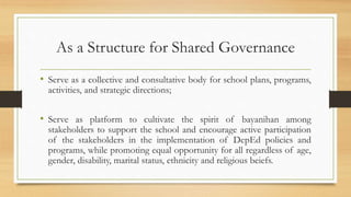 As a Structure for Shared Governance
• Serve as a collective and consultative body for school plans, programs,
activities, and strategic directions;
• Serve as platform to cultivate the spirit of bayanihan among
stakeholders to support the school and encourage active participation
of the stakeholders in the implementation of DepEd policies and
programs, while promoting equal opportunity for all regardless of age,
gender, disability, marital status, ethnicity and religious beiefs.
 