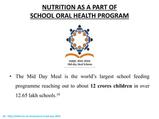 NUTRITION AS A PART OF
SCHOOL ORAL HEALTH PROGRAM
• The Mid Day Meal is the world’s largest school feeding
programme reaching out to about 12 crores children in over
12.65 lakh schools.18
18. http://mdm.nic.in/ Accessed on 6 january, 2016
 