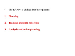 • The RAAPP is divided into three phases:
1. Planning
2. Training and data collection
3. Analysis and action planning
 