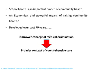 • School health is an important branch of community health.
• An Economical and powerful means of raising community
health.4
• Developed over past 70 years.......
Narrower concept of medical examination
Broader concept of comprehensive care
4. Park K. Textbook of Preventive and Social Medicine. 22nd Ed. Jabalpur; M/s Banarsidas Bhanot Publishers. 2013
 
