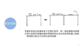 6
考慮到家庭的負擔與家中空間的使用，將一個設備變成兩種
功用比起提供兩種設備與兩種用途在成本與經濟負擔上較輕
，環境面也較符合他們的使用習慣。
概念發展
 