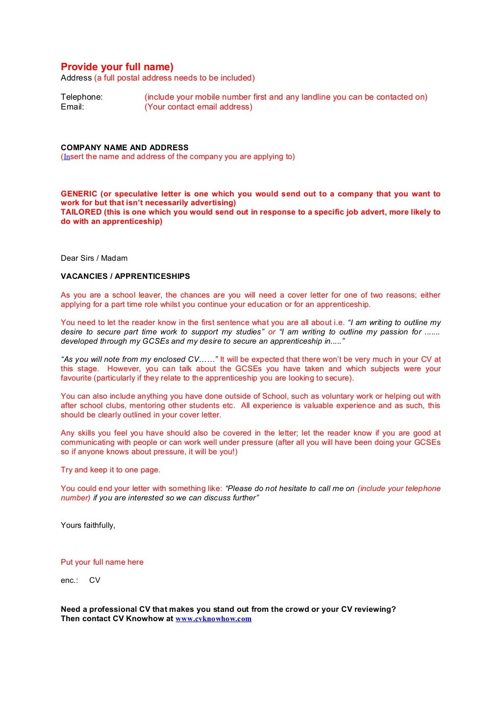 cover letter examples for school leavers