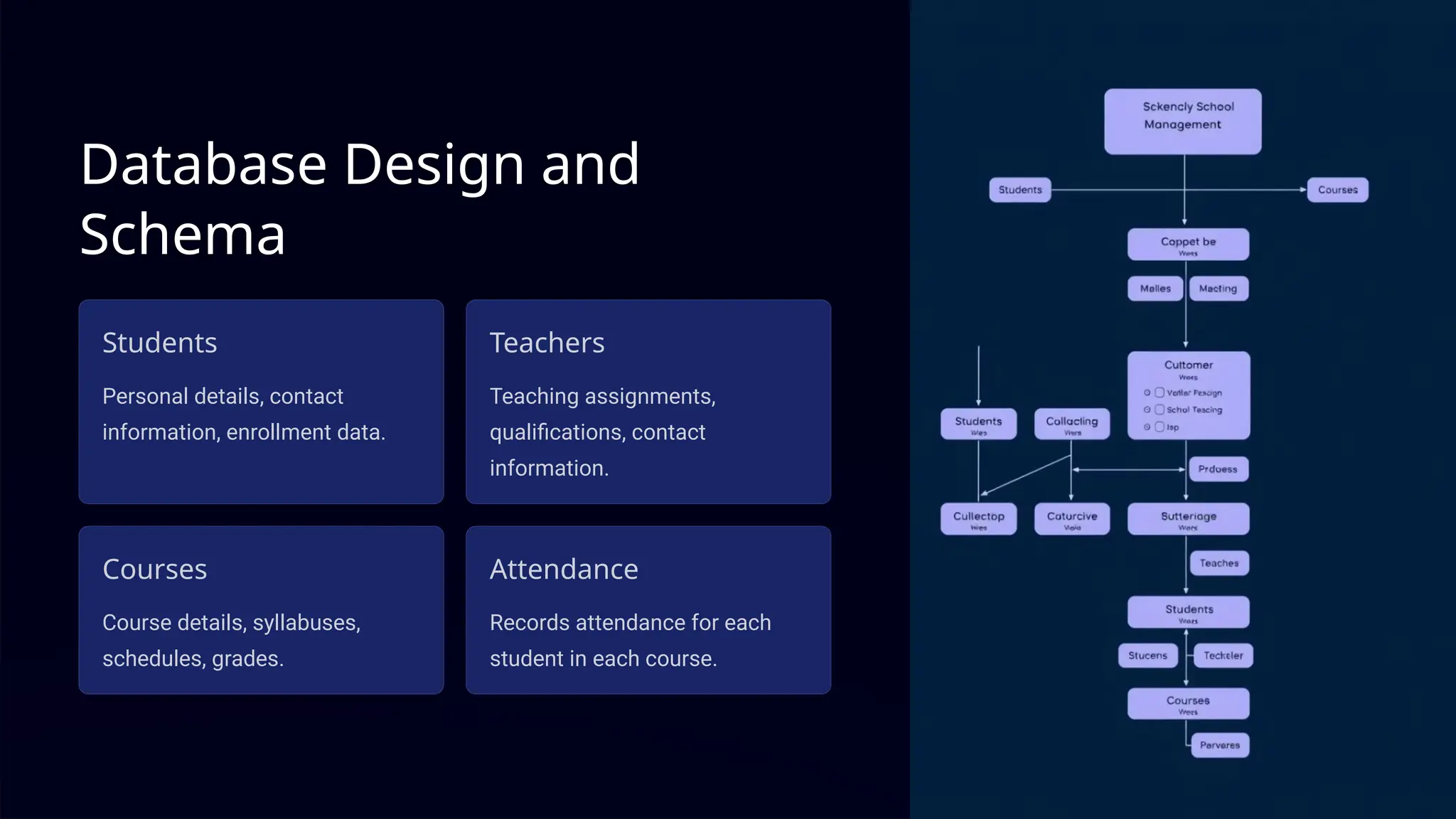 Database Design and
Schema
Students
Personal details, contact
information, enrollment data.
Teachers
Teaching assignments,
qualifications, contact
information.
Courses
Course details, syllabuses,
schedules, grades.
Attendance
Records attendance for each
student in each course.
 