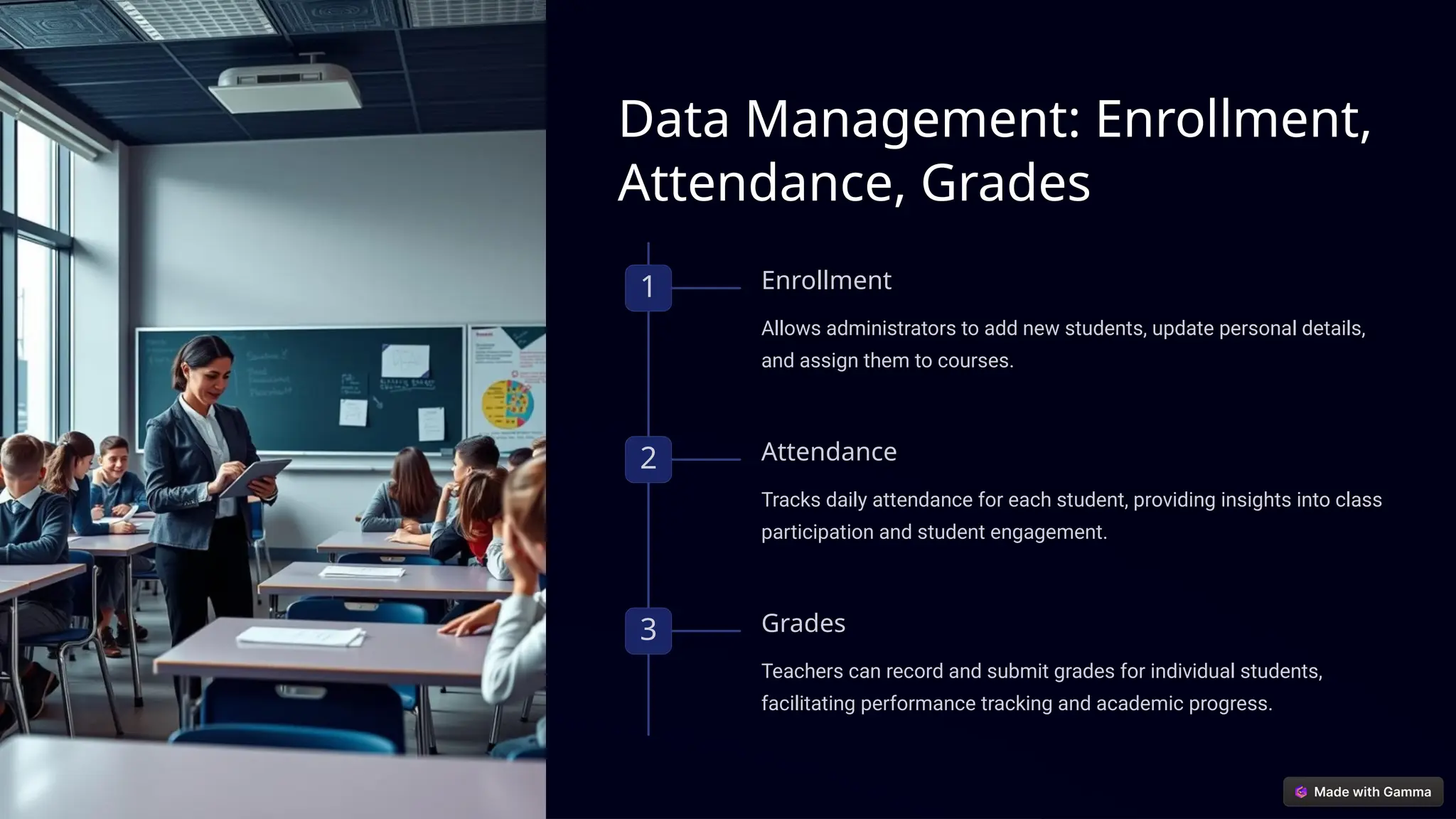 Data Management: Enrollment,
Attendance, Grades
1 Enrollment
Allows administrators to add new students, update personal details,
and assign them to courses.
2 Attendance
Tracks daily attendance for each student, providing insights into class
participation and student engagement.
3 Grades
Teachers can record and submit grades for individual students,
facilitating performance tracking and academic progress.
 