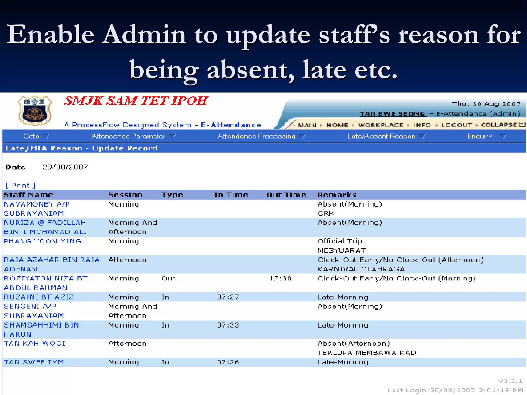Enable Admin to update staff’s reason for being absent, late etc. 
