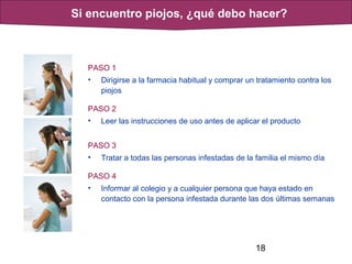 18
PASO 1
• Dirigirse a la farmacia habitual y comprar un tratamiento contra los
piojos
PASO 2
• Leer las instrucciones de uso antes de aplicar el producto
PASO 3
• Tratar a todas las personas infestadas de la familia el mismo día
PASO 4
• Informar al colegio y a cualquier persona que haya estado en
contacto con la persona infestada durante las dos últimas semanas
Si encuentro piojos, ¿qué debo hacer?
 