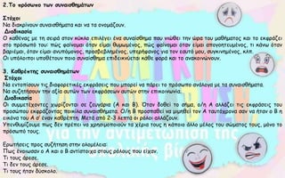 2.Το πρόσωπο των συναισθημάτων
Στόχοι
Να διακρίνουν συναισθήματα και να τα ονομάζουν.
Διαδικασία
Ο καθένας με τη σειρά στον κύκλο επιλέγει ένα συναίσθημα που νιώθει την ώρα του μαθήματος και το εκφράζει
στο πρόσωπό του: πώς φαίνομαι όταν είμαι θυμωμένος, πώς φαίνομαι όταν είμαι απογοητευμένος, τι κάνω όταν
βαριέμαι, όταν είμαι ανυπόμονος, προσβεβλημένος, υπερήφανος για τον εαυτό μου, συγκινημένος, κλπ.
Οι υπόλοιποι υποθέτουν ποιο συναίσθημα επιδεικνύεται κάθε φορά και το ανακοινώνουν.
3. Καθρέπτης συναισθημάτων
Στόχοι
Να εντοπίσουν τις διαφορετικές εκφράσεις που μπορεί να πάρει το πρόσωπο ανάλογα με τα συναισθήματα.
Να συζητήσουν την αξία αυτών των εκφράσεων αυτών στην επικοινωνία.
Διαδικασία
Οι συμμετέχοντες χωρίζονται σε ζευγάρια (Α και Β). Όταν δοθεί το σήμα, ο/η Α αλλάζει τις εκφράσεις του
προσώπου εκφράζοντας ποικίλα συναισθήματα. Ο/η Β προσπαθεί να μιμηθεί τον Α ταυτόχρονα σαν να ήταν ο Β η
εικόνα του Α σ’ έναν καθρέπτη. Μετά από 2-3 λεπτά οι ρόλοι αλλάζουν.
Υπενθυμίζουμε πως δεν πρέπει να χρησιμοποιούν τα χέρια τους η κάποιο άλλο μέλος του σώματος τους, μόνο το
πρόσωπό τους.
Ερωτήσεις προς συζήτηση στην ολομέλεια:
Πως ένοιωσαν ο Α και ο Β αντίστοιχα στους ρόλους που είχαν.
Τι τους άρεσε.
Τι δεν τους άρεσε.
Τι τους ήταν δύσκολο.
 