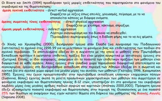 Οι Rivers και Smith (1994) προσδιόρισαν τρείς μορφές επιθετικότητας που παρατηρούνται στο φαινόμενο του
εκφοβισμού και της θυματοποίησης:
άμεση λεκτική επιθετικότητα - direct verbal aggression
Εκφράζεται με λέξεις όπως απειλές, χλευασμός, πείραγμα, με το να
αποκαλείται κάποιος με διάφορα ονόματα.
άμεσος σωματικός τύπος επιθετικότητας - direct physical aggression
Εκφράζεται με χτύπημα, λάκτισμα, σπρώξιμο.
έμμεση μορφή επιθετικότητας - indirect aggression
Λιγότερο αναγνωρίσιμη και πιο δύσκολο να αποδειχθεί.
Περιλαμβάνει συμπεριφορές όπως η διάδοση φήμης και το να λες ψέματα.
Οι Χηνάς και Χρυσαφίδης (2000), διενήργησαν έρευνα στην Ελλάδα (για λογαριασμό του Παιδαγωγικού
Ινστιτούτου) το σχολικό έτος 1998-99 για να μελετήσουν τα φαινόμενα βίας και επιθετικότητας των παιδιών στο
σχολικό περιβάλλον. Τα αποτελέσματα έδειξαν ότι η συχνότητα με την οποία οι μαθητές στην Πρωτοβάθμια
Εκπαίδευση πράττουν ή υφίστανται επιθετικές πράξεις δεν είναι μεγάλη συγκριτικά με αντίστοιχες έρευνες στο
εξωτερικό. Επίσης, οι ίδιοι συγγραφείς, αναφέρουν ότι τα ποσοστά των επιθετικών πράξεων των μαθητών είναι
διαφορετικά σε κάθε σχολείο. Άλλες έρευνες στον ελλαδικό χώρο παρουσίασαν διαφορετικά αποτελέσματα και
συγκεκριμένα, έρευνες στη δευτεροβάθμια εκπαίδευση στην περιοχή των Αθηνών έδειξαν ότι η σωματική και
λεκτική βία στο σχολικό χώρο αφορά ένα μεγάλο μέρος του συνόλου των μαθητών (Γκότοβος 1996, Καλαμπαλίκη
1995). Έρευνες που έχουν πραγματοποιηθεί στην πρωτοβάθμια εκπαίδευση ελληνικών επαρχιακών πόλεων
(Ιωάννινα, Βόλος) έχοντας σκοπό τη μελέτη προσωπικών χαρακτηριστικών των μαθητών που συμμετέχουν σε
φαινόμενα εκφοβισμού και θυματοποίησης ηλικίας 8-12 ετών, υποστήριξαν ότι στο φαινόμενο του εκφοβισμού
λαμβάνει μέρος ένας μεγάλος αριθμός παιδιών αγοριών και κοριτσιών (Andreou 2000,2001). Πρόσφατη έρευνα
έδειξε αξιοσημείωτα ποσοστά εκφοβισμού και θυματοποίησης στην περιοχή της Θεσσαλονίκης με ένα ποσοστό
25% των θυμάτων να αναφέρουν πως είχαν καταστεί θύματα στη διάρκεια του μαθήματος της Φυσικής Αγωγής
(Sapouna 2008).
 