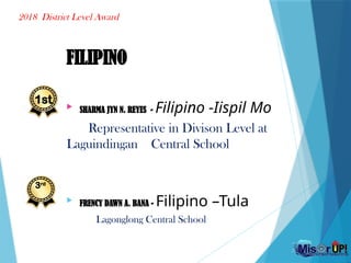 2018 District Level Award
FILIPINO

SHARMA JYN N. REYES - Filipino -Iispil Mo
Representative in Divison Level at
Laguindingan Central School

FRENCY DAWN A. BANA - Filipino –Tula
Lagonglong Central School
1st
3rd
 