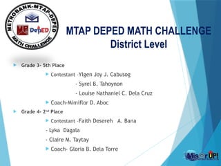 MTAP DEPED MATH CHALLENGE
District Level
 Grade 3- 5th Place
 Contestant –Ylgen Joy J. Cabusog
- Syrel B. Tahoynon
- Louise Nathaniel C. Dela Cruz
 Coach-Mimiflor D. Aboc
 Grade 4- 2nd
Place
 Contestant –Faith Desereh A. Bana
- Lyka Dagala
- Claire M. Taytay
 Coach- Gloria B. Dela Torre
 