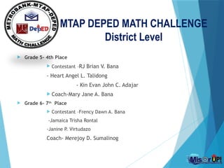 MTAP DEPED MATH CHALLENGE
District Level
 Grade 5- 4th Place
 Contestant –RJ Brian V. Bana
- Heart Angel L. Talidong
- Kin Evan John C. Adajar
 Coach-Mary Jane A. Bana
 Grade 6- 7th
Place
 Contestant –Frency Dawn A. Bana
-Jamaica Trisha Rontal
-Janine P. Virtudazo
Coach- Merejoy D. Sumalinog
 
