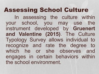 Assessing School Culture
In assessing the culture within
your school, you may use the
instrument developed by Gruenert
and Valentine (2015). The Culture
Typology Survey allows individual to
recognize and rate the degree to
which he or she observes and
engages in certain behaviors within
the school environment.
 