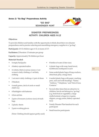 Guidelines for Integrating Disaster Education




Annex 2: "Go Bag" Preparedness Activity
                                          "GO BAG"
                                      SCAVENGER HUNT


                               DISASTER PREPAREDNESS
                             ACTIVITY: CHILDREN AGES 6-12
Objectives:

To provide children and families with the opportunity to think about their own disaster
preparedness and to practice selecting and assembling emergency supplies in a "go-bag".

Participants: 10-12 children ages 6-12, in teams of 2-3

Facilitators: 2 Duration: 15 minutes per group

Capacity: Approximately 50 children per hour

Materials Needed:
•   4 empty backpacks                              •      8 bottles of water (1 liter size)

•   4 battery-operated radios                      •      4 plastic bags with soap, hand towel,
                                                          toothbrush/toothpaste in each                111
•   4 t-shirts/shirts (various sizes) o 1 set
    women's daily clothing o 1 set baby            •      Some sealed plastic bags of long-crackers,
    clothing                                              dried fruit, jerky, energy bars)

•   1 set men's daily clothing o 1 pair of shoes   •      4 sealed plastic bags with paper, marking
                                                          pens, and card with headings: "Name,"
•   2 blankets
                                                          "Address," "Telephone," and "Out of Area
•   4 small games, deck of cards or small                 Contacts."
    child's toy
                                                   •      Several other times that are attractive to
•   4 flashlights with batteries                          children, but do not belong in a "go-bag"
                                                          (e.g. fresh fruit or vegetables, a large
•   4 first aid kits
                                                          stuffed animal, a large toy or game,
•   2 pairs of trousers (various sizes) o4 trash          slippers, an egg carton, battery-operated
    bags                                                  toys)

•   2 plastic sheets                               •      Family Disaster Plan handout for each
                                                          participant
•   2 pairs working gloves
                                                   •      Small treat for participants
    (Note: Clothing should appear gently used)
 