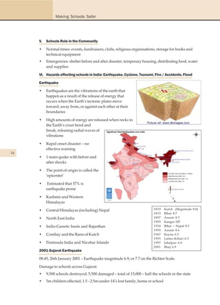Making Schools Safer




     V.   Schools Role in the Community

     •    Normal times: events, fundraisers, clubs, religious organisations, storage for books and
          technical equipment
     •    Emergencies: shelter before and after disaster, temporary housing, distributing food, water
          and supplies

     VI. Hazards effecting schools in India: Earthquake, Cyclone, Tsunami, Fire / Accidents, Flood

     Earthquake

     •    Earthquakes are the vibrations of the earth that
          happen as a result of the release of energy that
          occurs when the Earth’s tectonic plates move
          toward, away from, or against each other at their
          boundaries

     •    High amounts of energy are released when rocks in
          the Earth’s crust bend and
          break, releasing radial waves of
          vibrations

     •    Rapid onset disaster – no
          effective warning
34
     •    1 main quake with before and
          after shocks

     •    The point of origin is called the
          ‘epicenter’

     •    Estimated that 57% is
          earthquake prone

     •    Kashmir and Western
          Himalayas

     •    Central Himalayas (including) Nepal                              1819     Kutch (Magnitude 8.0)
                                                                           1833     Bihar 8.7
     •    North East India                                                 1897     Assam 8.7
                                                                           1905     Kangra HP
     •    Indio-Ganetic basin and Rajasthan                                1934     Bihar – Nepal 8.3
                                                                           1950     Assam 8.6
     •    Combay and the Rann of Kutch                                     1967     Koyna 6.5
                                                                           1993     Lattur-Killari 6.3
     •    Peninsula India and Nicobar Islands                              1997     Jabalpur 6.0
                                                                           2001     Bhuj 6.9
     2001 Gujarat Earthquake

     08:45, 26th January 2001 – Earthquake magnitude 6.9, or 7.7 on the Richter Scale.

     Damage to schools across Gujarat:
     •    9,500 schools destroyed, 5,500 damaged – total of 15,000 – half the schools in the state
     •    5m children effected, 1.5 - 2.5m under-14’s lost family, home or school
 