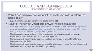 COLLECT AND EXAMINE DATA
RECOMMENDED STRATEGIES
• Collect and analyze data, especially school climate data, related to
school safety
• E.g., the Delaware School Climate Scale of the DSS
• Results of the surveys would help answer the critical question:
• Is my school perceived as being safe across students, teachers/staff, and parents,
and across subgroups within those respondents, including grades (e.g., 9th versus
12th grade), racial/ethnic groups, and gender?
• Finding positive perceptions = little or no need for interventions that follow,
especially if other data support those perceptions
• Finding negative perceptions across multiple subgroups = need for efforts to
improve school safety
• Finding negative perceptions across specific subgroups = need for more targeted
interventions and deeper information gathering
 