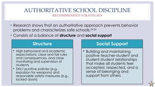 AUTHORITATIVE SCHOOL DISCIPLINE
RECOMMENDED STRATEGIES
• Research shows that an authoritative approach prevents behavior
problems and characterizes safe schools.24-25
• Consists of a balance of structure and social support
Structure
• High behavioral and academic
expectations, clear and fair rules
and consequences, and close
monitoring and supervision of
students
• Strict punitive policies (e.g.,
expulsion for weapons) and
reasonable safety measures (e.g.,
locked doors)
Social Support
• Building and maintaining
positive teacher-student and
student-student relationships
that make all students feel
accepted, respected, and a
sense of belonging and
support from others
 