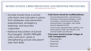 REVIEW SCHOOL CRISIS PREVENTION AND RESPONSE PROCEDURES
RECOMMENDED STRATEGIES
• Schools should have a school
crisis team and crisis plan in place
that addresses crisis prevention,
preparedness, emergency
response, and recovery
capacities
• National Association of School
Psychologists’ (NASP) PREPaRE
crisis curriculum: assists in
strengthening school crisis plans26
(see next slide)
• Crisis teams should be multidisciplinary:
• School representation: administrators,
teachers, school psychologists, nurses,
counselors, school resource officers,
transportation managers, and family
service representatives
• Community representation: parents, law
enforcement, EMS, fire officials, and
mental health practitioners
• Crisis plans should include 4 stages of
crisis management:
• Preparedness
• Prevention
• Response
• Recovery
 