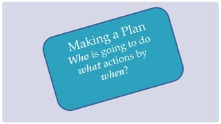 Making a Plan
Who is going to do
what actions by
when?
 